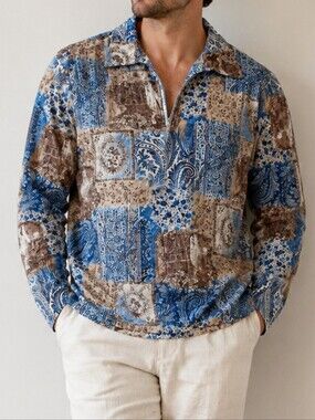 Pop Icon Patchwork Paisley Long Sleeve Shirt in Blue and Brown Size S